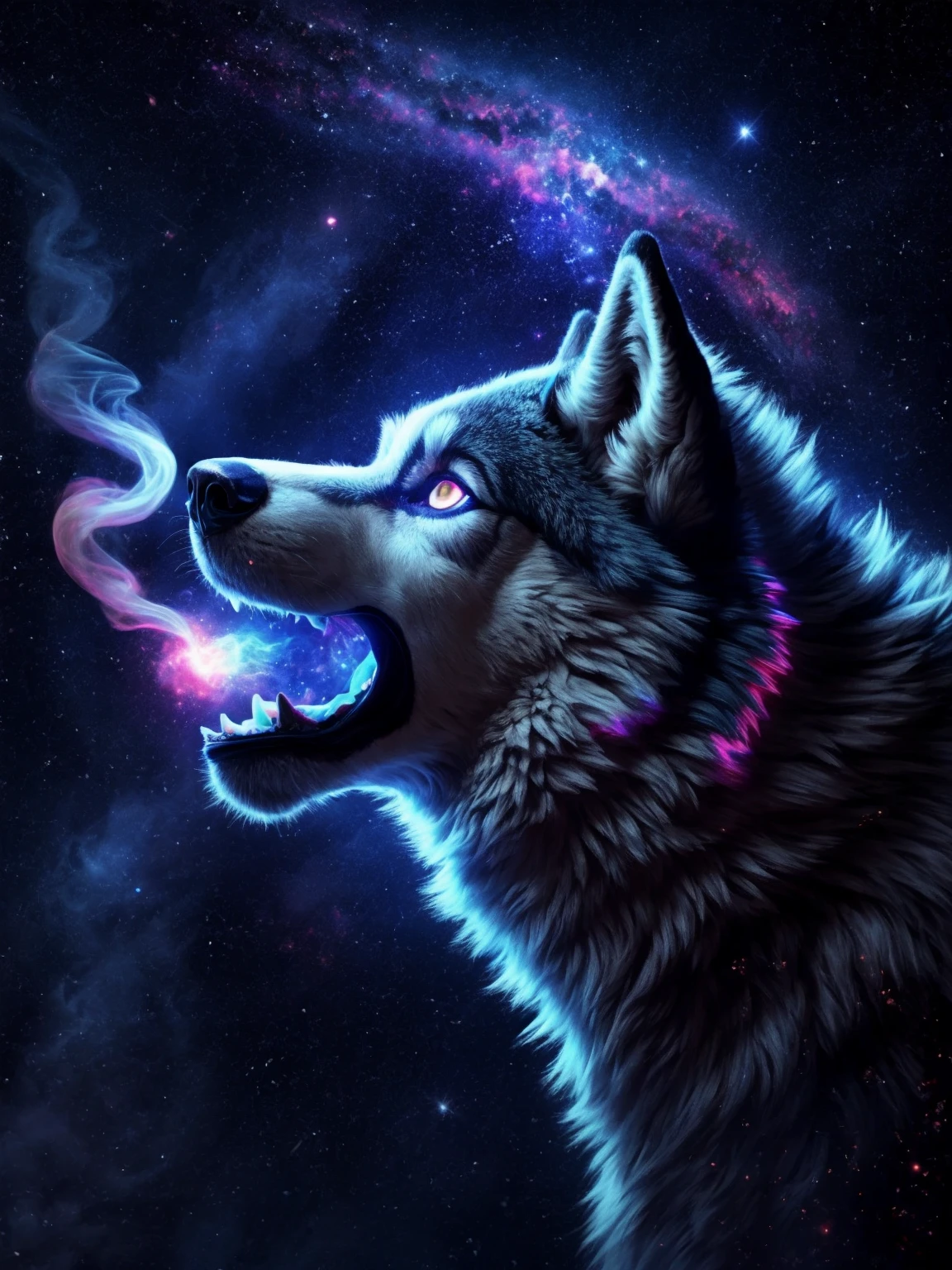 feral, wolf, energy, galaxies, spirals, space, nebulae, stars, smoke, iridescent, intricate detail, in the shape of a wolf, octane render, 8k