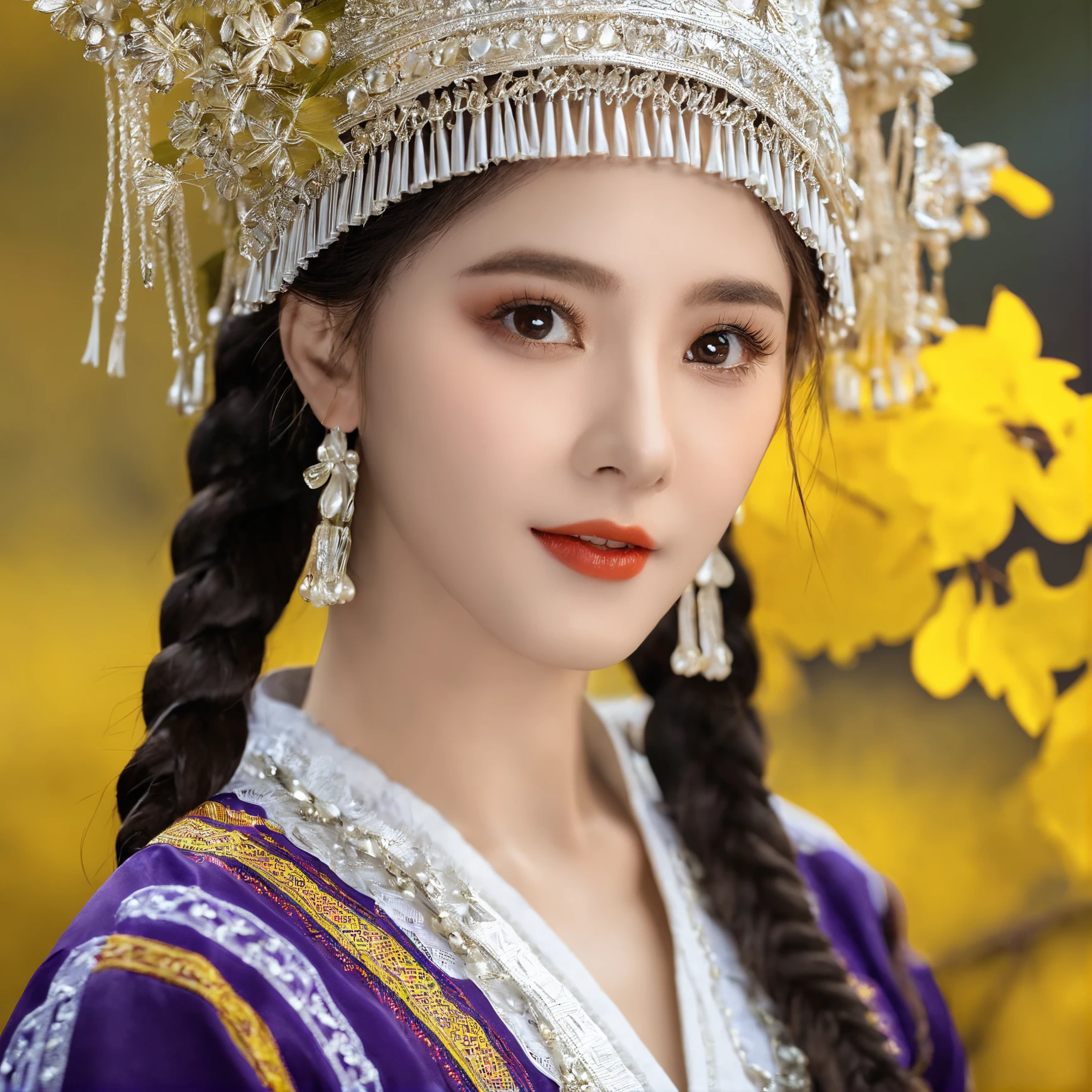 HDR,UHD,8K, best quality, masterpiece, absurdres,extremely detailed,
miaoyuansu, miao5, 1girl, solo, looking at viewer, braid, black hair, hat, upper body, realistic, long hair, twin braids, leaf, hair ornament, ginkgo leaf, yellow background, blurry, flower, makeup, holding, long sleeves, blurry background, multiple braids, traditional clothes, butterfly, yellow theme, hair flower, jewelry, signature, bug, floral print, watermark, dress, white headwear, depth of field,
<lora:miaoyuansuSDXL-000009:0.7>