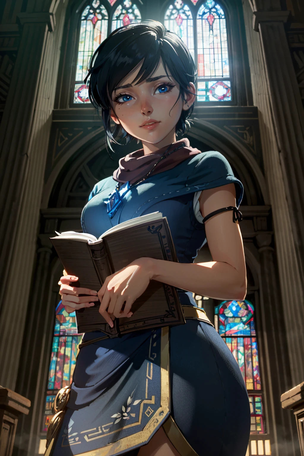 ( masterpiece, best quality, highres:1.3)
<lora:KenaBridgeofSpirits-000009:0.9>
KenaBridgeofSpirits, 1girl, black hair, blue eyes, cowboy shot, ancient library, afternoon, quiet and atmospheric with soft, warm light filtering through stained glass windows