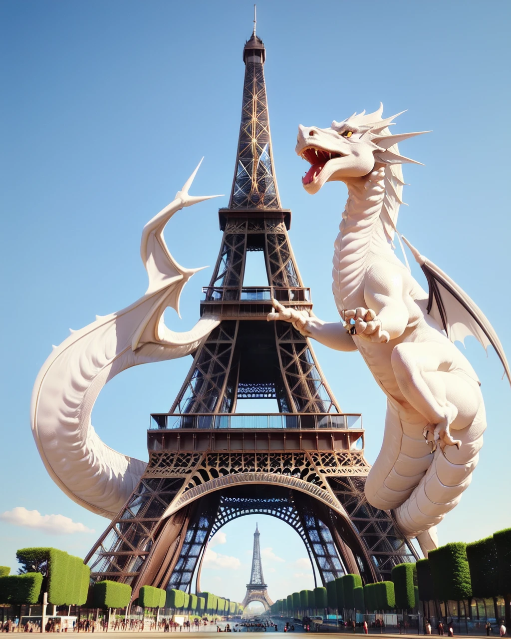 <lora:tower_and_sphere_v2:0.5>, (Eiffel tower), (white dragon:1.1), realistic, outdoors