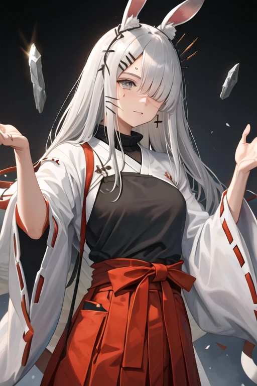 best quality, masterpiece, highres, solo, {white kimono:1.35}, {red hakama:1.35}, {wide sleeves:1.20}, {frostnova_arknights:1.15}, animal_ears, rabbit_ears, hair_ornament, hairclip, scar, long_hair, scar_on_face, scar_on_nose, hair_over_one_eye, grey_eyes, grey_hair, white_hair, upper_body