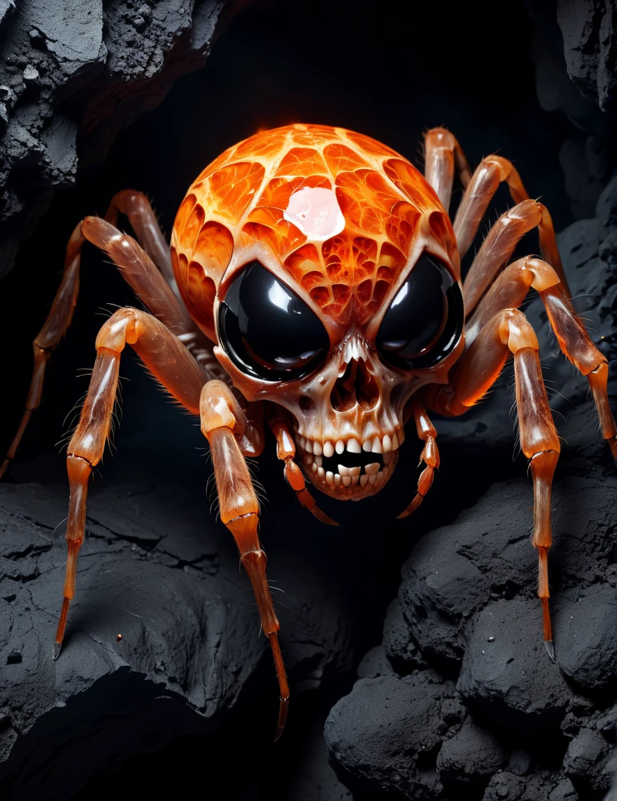 spider with cyborg body and skull head, in black sand, cinematic mood, close shoot, cinematic style, 8k, realistic, hyper-detailed, (opalescent irradiance:1.25) and colorful energy, vibrant, highly detailed photographic style,   <lora:treebark-SDXL-s-exp:0.8> treebark, lichen, texture