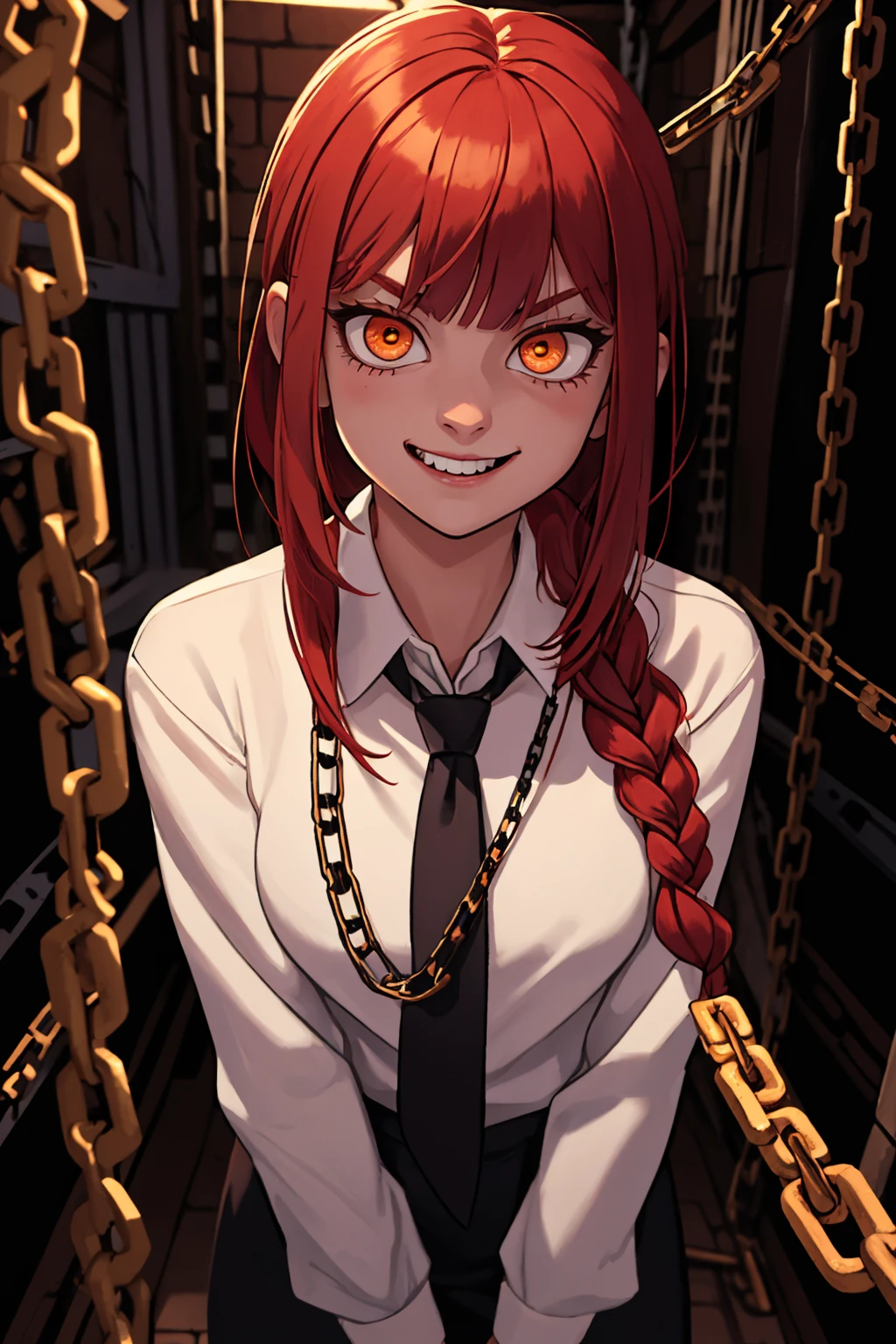 makima \(chainsaw man\), best quality, ultra detailed, 1girl, solo, standing, red hair, long braided hair, golden eyes, bangs, medium breasts, white shirt, necktie, stare, smile, (evil:1.2), looking at viewer, (interview:1.3), (basement background, chains:1.3), <lora:makima_offset:1>, basement,