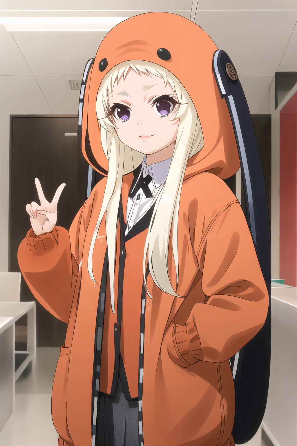 masterpiece, best quality, ultra-detailed, yomozuki runa, blonde hair, purple eyes, long hair, kigurumi, black animal ears, red school uniform,
