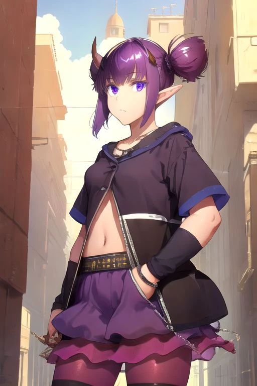 solo_focus, 1girl, (((masterpiece))), ((best quality)), ((ultra-detailed)), high resolution, absurdres, highres, ultra-detailed 8k unity wallpaper, 
lava_(arknights), twintails, tied_hair, black_jacket, short_sleeves, arm_warmers, torn_purple_skirt, purple_pantyhose,