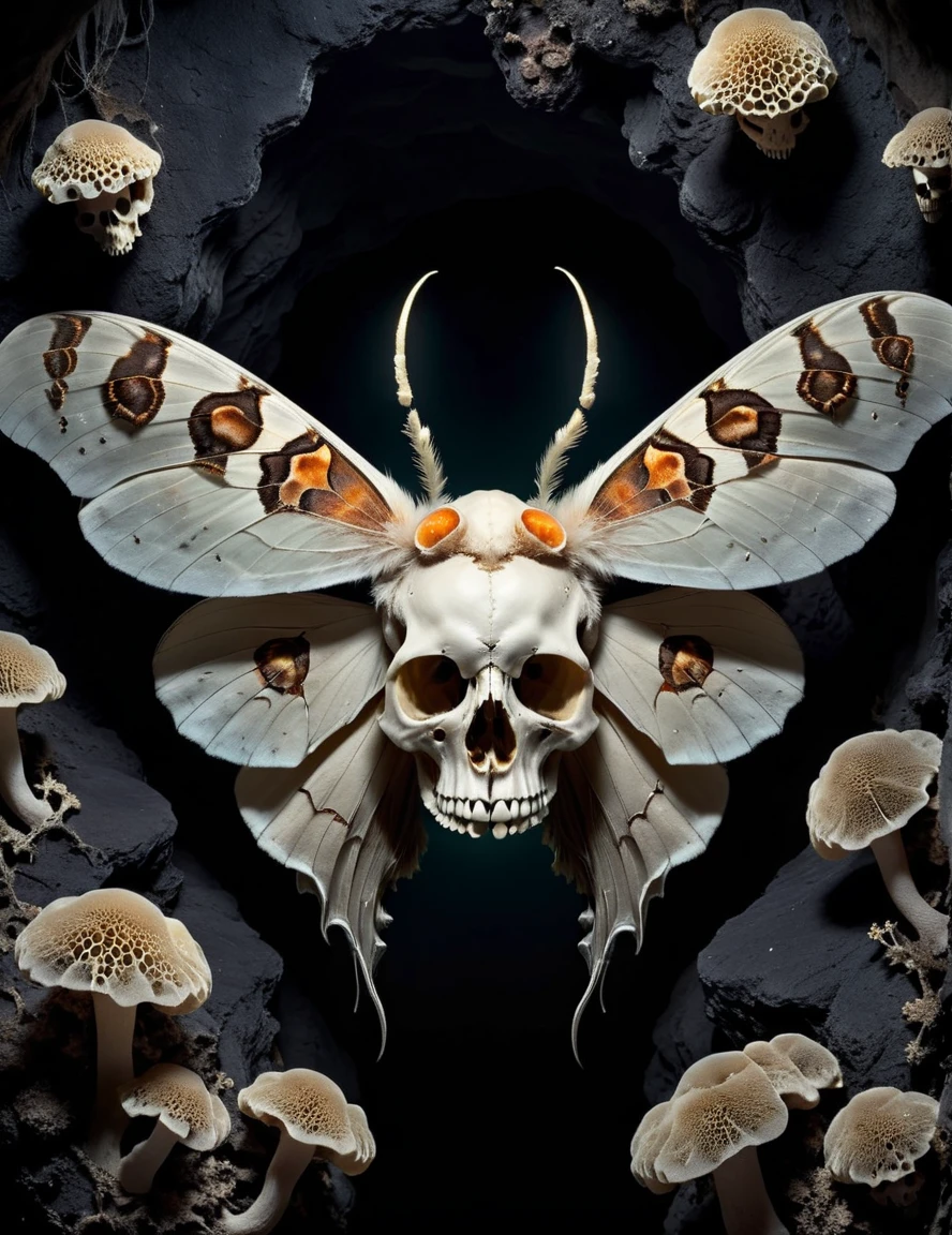 photo of a moth combined with a skull, close up, black dark cave with (glowing fungus:1.3), creepy ambiance, symmetrical wings