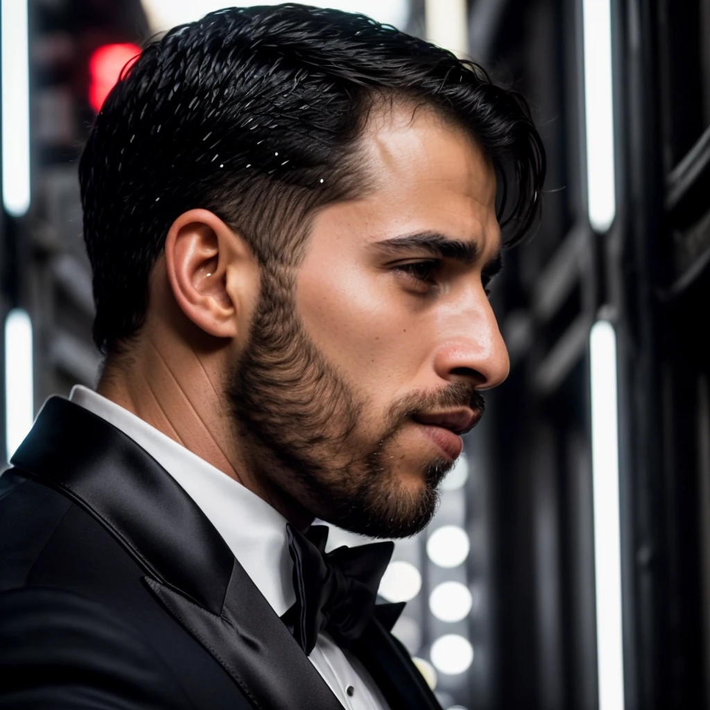 face portrait of raziwahabi person using a tuxedo, in blade runner, professional photography, high resolution, 4k, detailed photo, <lora:raziwahabi_29700:1>