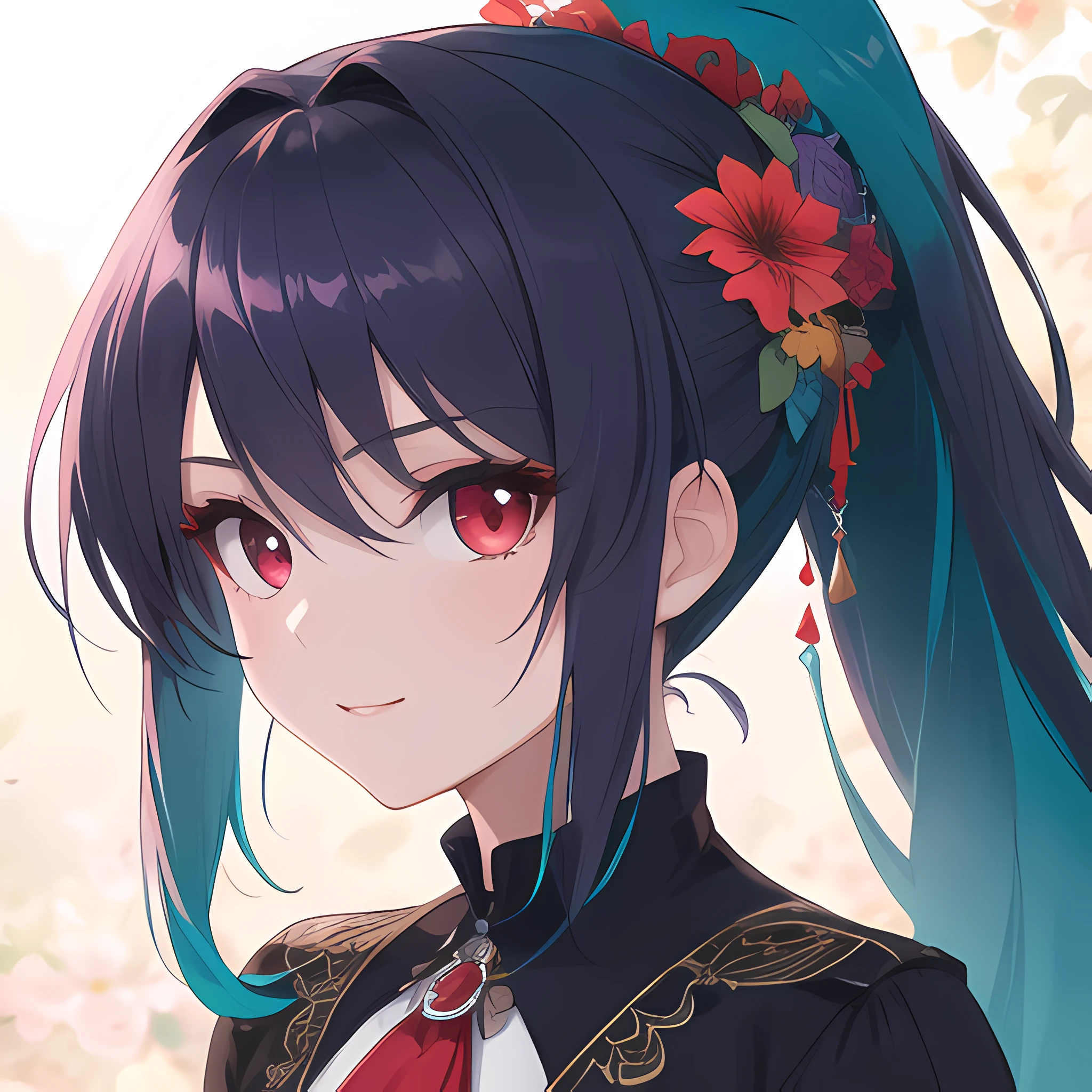 (masterpiece, best quality, high quality, highres, ultra-detailed),1girl,solo,beautiful eyes,purple hair,long hair,beautiful eyes,close up,happy,red eyes,detached colar,ponytail,teal colored flower hair ornament,