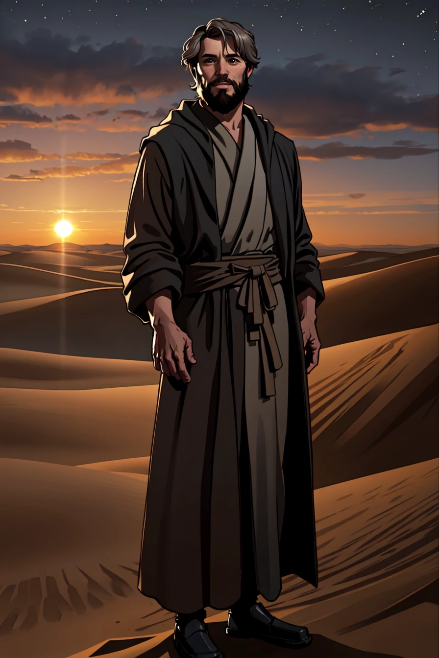 1boy, manly, grey hair, beard, robe, desert, standing, sunset, (obi-wan kenobi:0.9), star wars, realistic, (photorealistic:1.1), (lineart:0.8), black_outline