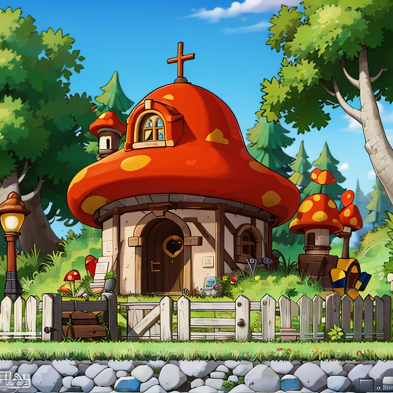 ((masterpiece,best quality)), absurdres,
<lora:Henesys_Maple_Story_Anime:0.7>, Henesys_Maple_Story,
outdoors, no humans, tree, grass, sky, house, scenery, mushroom, door, window, fence, chimney, sign, plant, building, nature,
cinematic composition,
