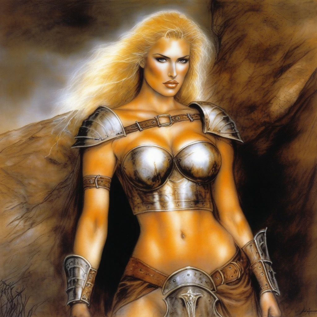BAStyle, highest quality, grimdark fantasy painting of a woman with blonde hair, perfect face, athletic body, large breasts, steel armor, erotic, by Luis Royo