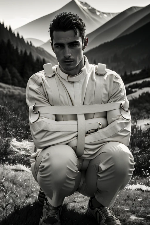 <lora:StraitjacketPsycho_v1:0.9>, male, straitjacket, handsome, social, remarkable, 8 k, absurbres, hires, best detail, extremely detailed, detailed face, perfect face, knees to chest, mountains background, desaturated, high contrast, Lens Flare