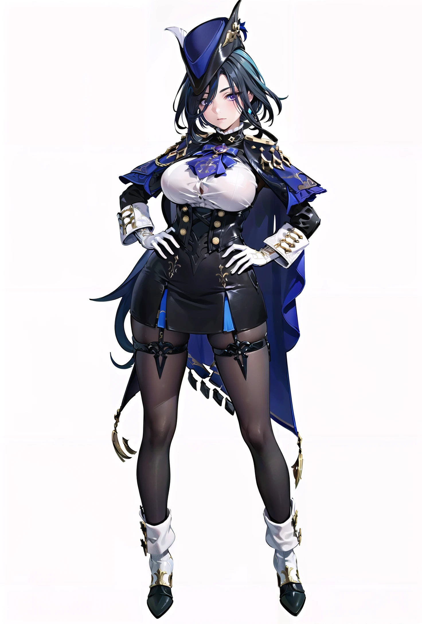 8k, best quality, masterpiece, (ultra-detailed:1.1), (high detailed skin),
(full body:1.2), white background, standing, looking at viewer, solo, hand on hip,
<lora:keluo-v100:0.8:lbw=OUTALL>, hat, keluo, kl suits, gloves, pantyhose, white gloves, skirt, boots, breasts, purple eyes,
(white background, simple background,:1.2),
<lora:EnvyBetterHands LoCon_beta2 è¾
å©:0.55>, ( good hands, nice hands:0.5),
(beautiful_face), ((intricate_detail)), clear face,
((finely_detailed)), fine_fabric_emphasis,
((glossy)), full_shot,