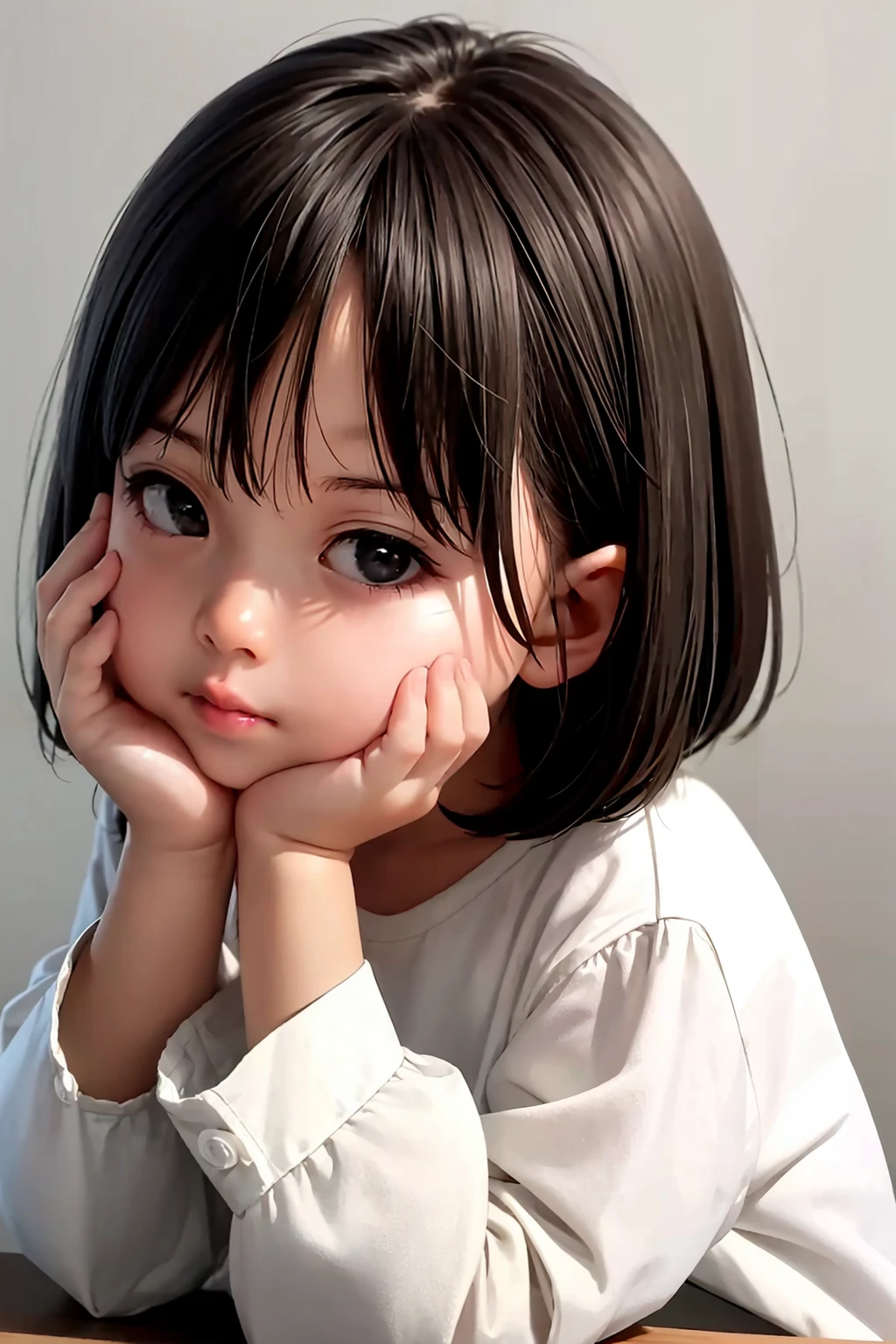 masterpiece, best quality, <lora:yc:0.6>,1girl, solo, looking at viewer, black eyes, black hair, lips, simple background, hands on own face, long sleeves, grey background, shirt, short hair, bangs, brown hair, white shirt, upper body, head rest, closed mouth, nose, hands on own cheeks, medium hair