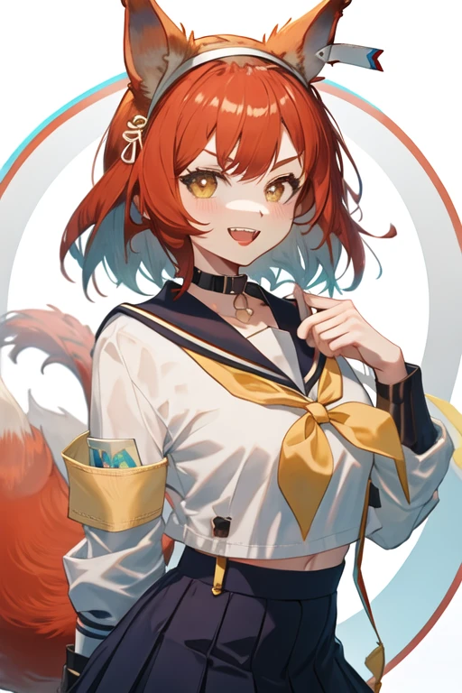 best quality, masterpiece, highres, solo, {flametail_arknights:1.15}, animal_ears, red_hair, squirrel_ears, long_hair, smile, bangs, squirrel_girl, brown_eyes, upper_body, tail, squirrel_tail, 1girl, blue_sailor_collar, hairband, kita_high_school_uniform, looking_at_viewer, ribbon, sailor_collar, school_uniform, serafuku, yellow_hairband, hair_ribbon, shirt, white_background, white_shirt, armband, brown_hair, short_hair, simple_background, winter_uniform, blue_skirt, skirt, cosplay, neck_ribbon, v-shaped_eyebrows, yellow_ribbon, :d, closed_mouth, long_sleeves, open_mouth, orange_hairband, red_ribbon, teeth