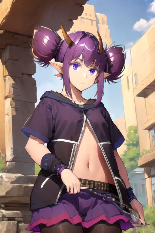 solo_focus, 1girl, (((masterpiece))), ((best quality)), ((ultra-detailed)), high resolution, absurdres, highres, ultra-detailed 8k unity wallpaper, 
lava_(arknights), twintails, tied_hair, black_jacket, short_sleeves, arm_warmers, torn_purple_skirt, purple_pantyhose,