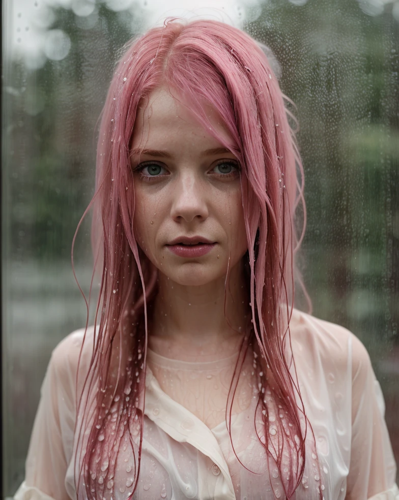 portrait of a pink-haired girl,scared and nervous,wet hair,night,rain,spray,wet misted window,cinematic,8k uhd,dslr,soft lighting,high quality,film grain,gloomy,