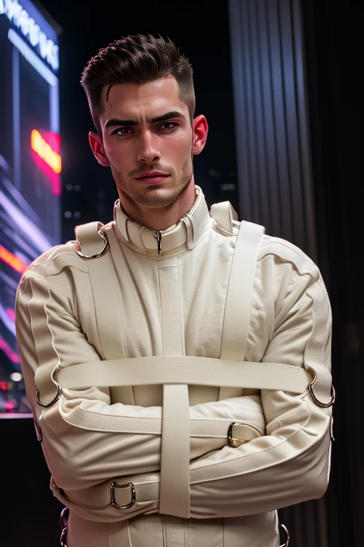 portrait of a 1 boy wearing a straitjacket, front view, looking at camera, (smirk:0.65), (angry:0.3), cinematic shot on canon 5d ultra realistic, urban atmosphere, skyscrapers, night scene, short hair undercut, (extremely handsome:1.2), <lora:StraitjacketPsycho_v1:0.85>