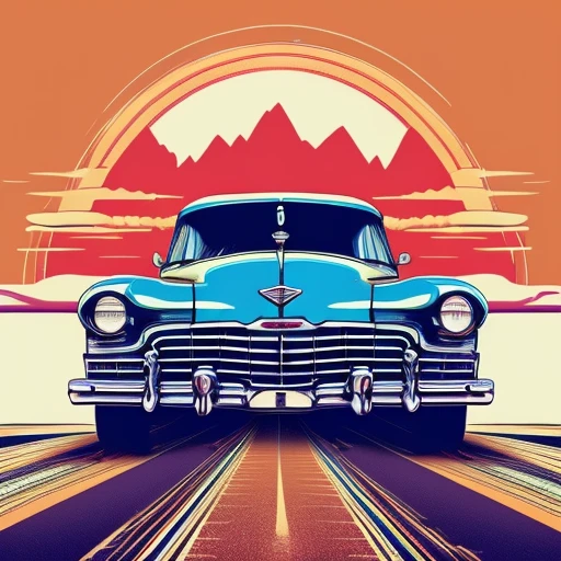 a digital vector art, vintage image of a car on a desert road, flat color palette, <lora:T-shirt_Design_v1-10:1>