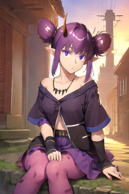 solo_focus, 1girl, (((masterpiece))), ((best quality)), ((ultra-detailed)), high resolution, absurdres, highres, ultra-detailed 8k unity wallpaper, 
lava_(arknights), twintails, tied_hair, black_jacket, short_sleeves, arm_warmers, torn_purple_skirt, purple_pantyhose,