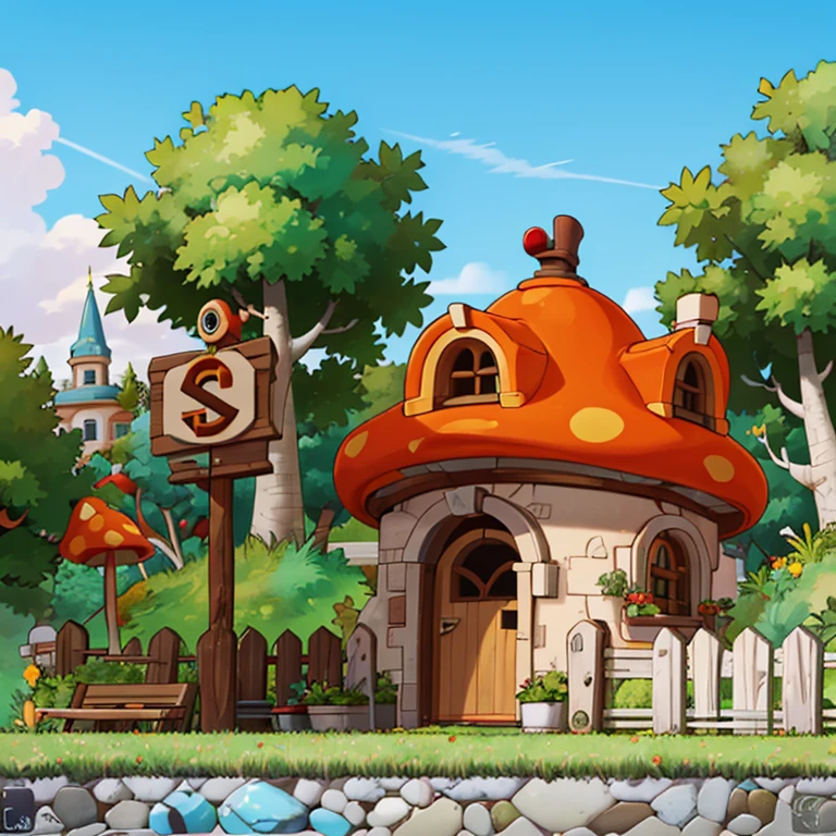 ((masterpiece,best quality)), absurdres,
<lora:Henesys_Maple_Story_Anime:0.7>, Henesys_Maple_Story,
outdoors, no humans, tree, grass, sky, house, scenery, mushroom, door, window, fence, chimney, sign, plant, building, nature,
cinematic composition,