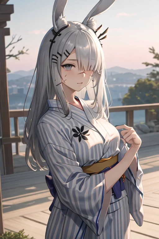best quality, masterpiece, highres, solo, {yukata:1.40}, {kimono:1.20}, {frostnova_arknights:1.15}, animal_ears, rabbit_ears, hair_ornament, hairclip, scar, long_hair, scar_on_face, scar_on_nose, hair_over_one_eye, grey_eyes, grey_hair, white_hair, upper_body