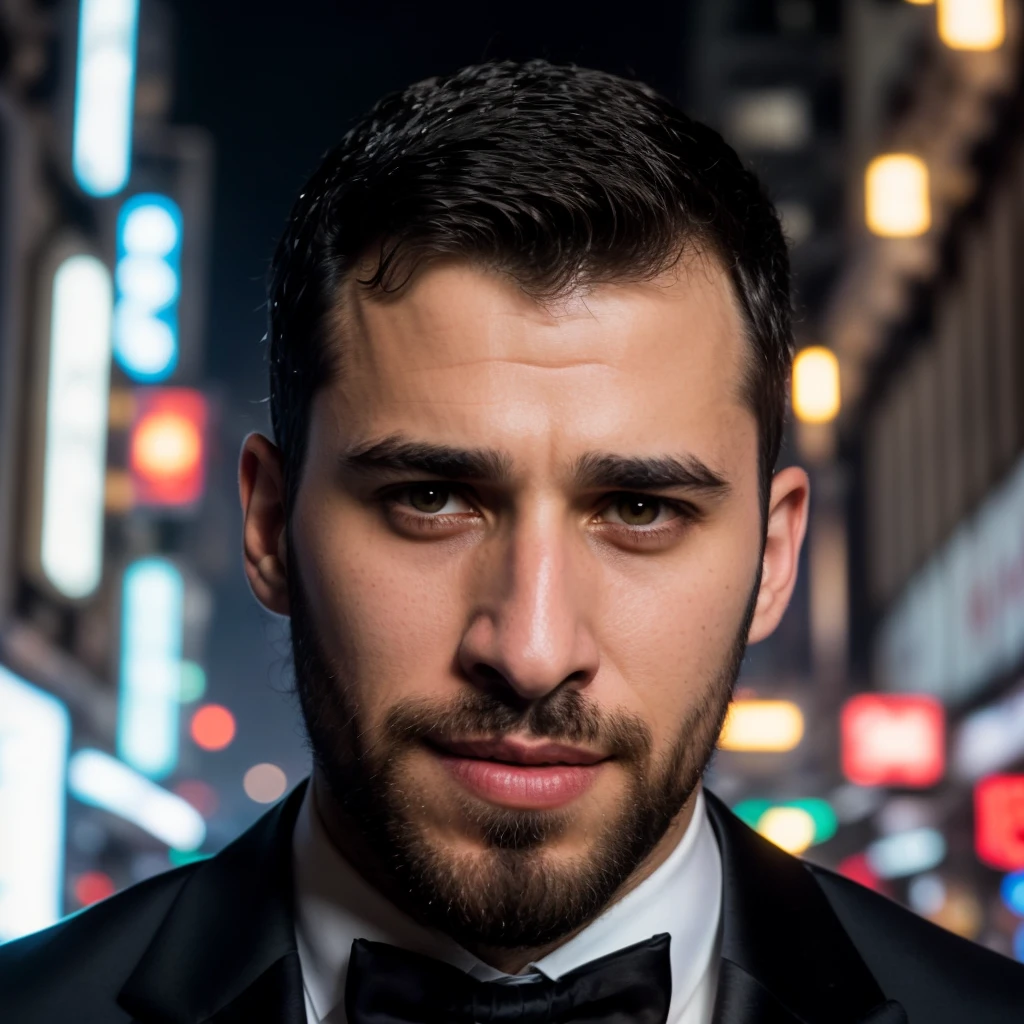 face portrait of raziwahabi person using a tuxedo, in blade runner, professional photography, high resolution, 4k, detailed photo, <lora:raziwahabi_29700:1>