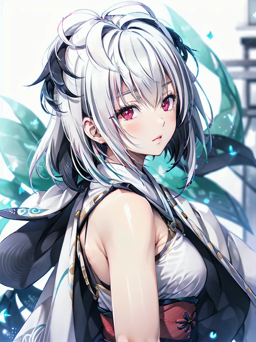 <lora:satake_ageha_v1-000030:0.8>, ageha, asymmetrical hair, beautiful detailed eye, red eyes, japanese clothes , from side