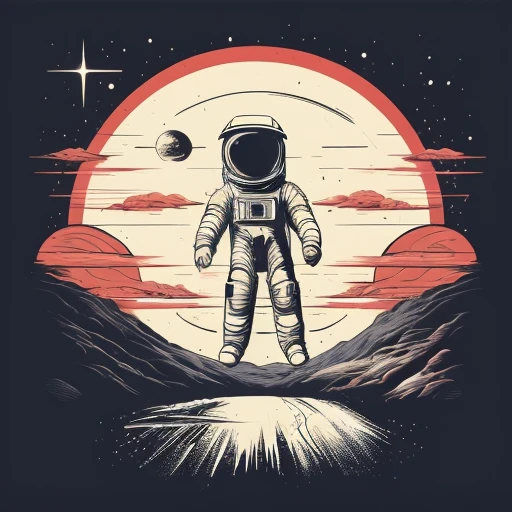 a digital vector art, vintage image of an astronaut landing on the moon flat color palette, <lora:T-shirt_Design_v1-10:1>