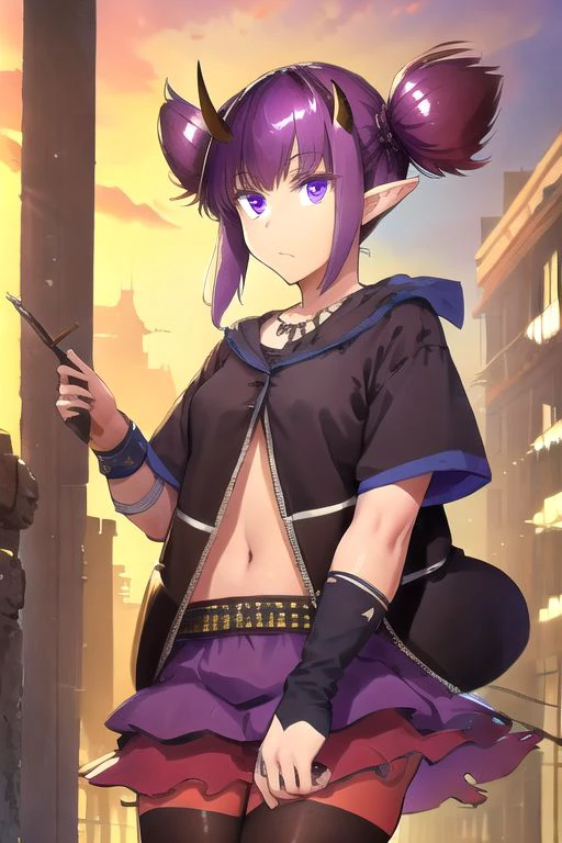 solo_focus, 1girl, (((masterpiece))), ((best quality)), ((ultra-detailed)), high resolution, absurdres, highres, ultra-detailed 8k unity wallpaper, 
lava_(arknights), twintails, tied_hair, black_jacket, short_sleeves, arm_warmers, torn_purple_skirt, purple_pantyhose,