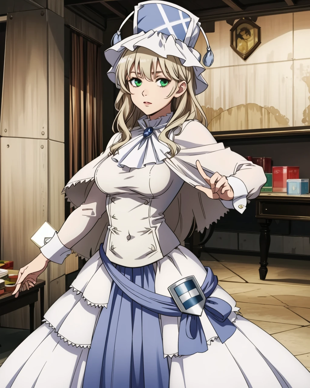 masterpiece, best quality, high quality, 2k, 4k, pmmmorikomagi, 1girl, green eyes, blonde hair, white dress with puffy skirt, long sleeves, decorative shield on skirt, high white hat with two tassels, shawl on shoulders, (dynamic shot), cowboy shot, looking at viewer, colorful, <lora:pmmmorikomagi-000016:0.8>