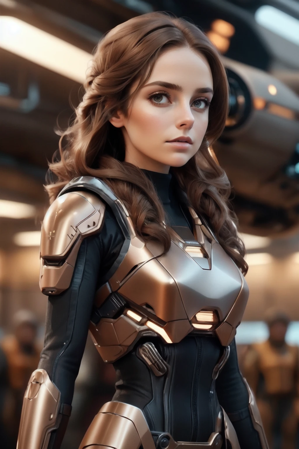 , 1girl, solo, long hair, looking at viewer, brown hair, brown eyes, upper body, armor, , , blurry background, science fiction<lora:SpacesKnigts_2:0.8>