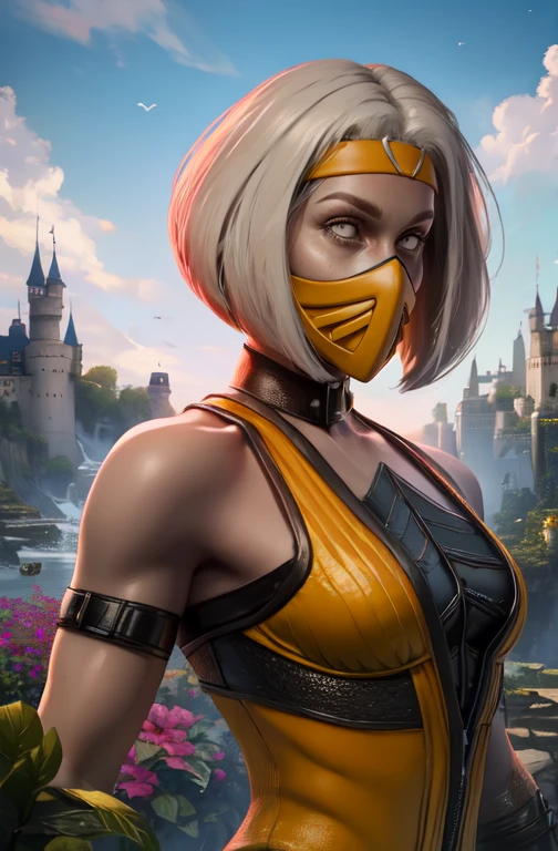Kmeleon,white eyes, white hair,  white eyes, bob cut, 
headband, mouth mask,  looking at viewer, 
(best quality, masterpiece, perfect face, beautiful and aesthetic:1.2, colorful, highest detailed face),solo, <lora:Khameleon:0.8>