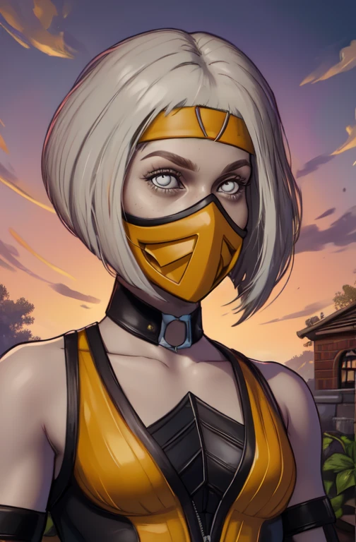 Kmeleon,white eyes, white hair, white eyes, bob cut,
headband, mouth mask, looking at viewer,
yellow bodysuit, elbow gloves,
standing, upper body,
garden, mortal kombat,
(best quality, masterpiece, perfect face, beautiful and aesthetic:1.2, colorful, highest detailed face),solo, <lora:Khameleon:0.8>