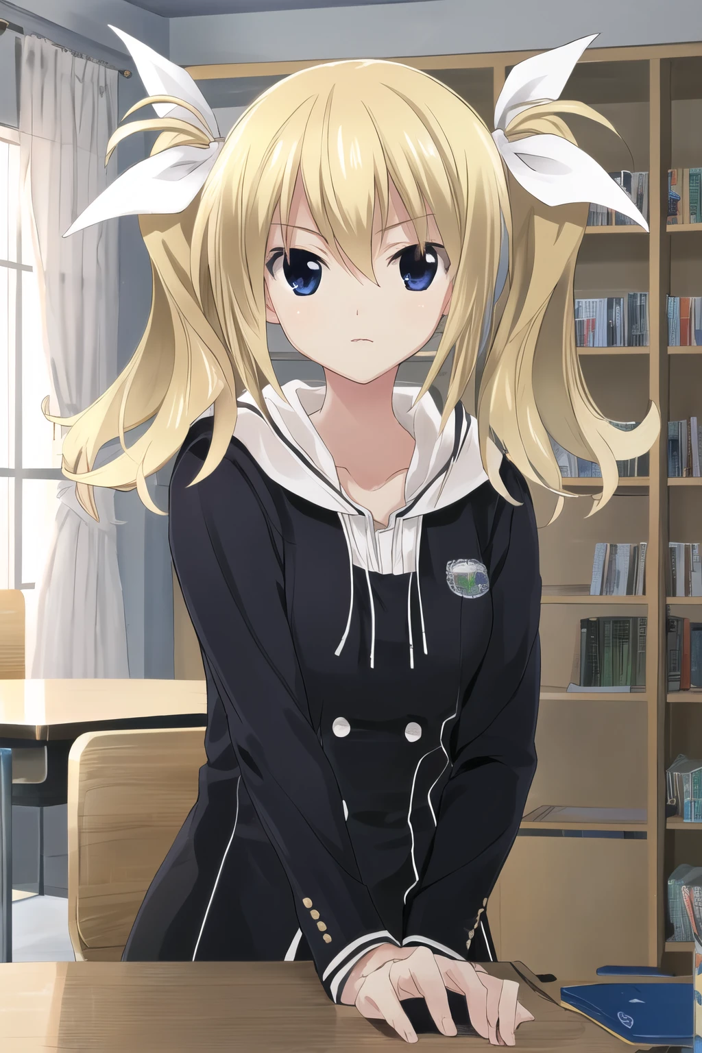masterpiece, best quality, ultra-detailed, Arimura, blonde hair, blue eyes, hair ribbon, white ribbon, school uniform,
