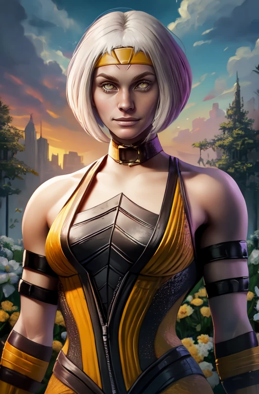 Kmeleon,white eyes, white hair, white eyes, bob cut,
headband, looking at viewer, smile,
yellow bodysuit, elbow gloves, cleavage,
standing, upper body,
garden, mortal kombat,
(best quality, masterpiece, perfect face, beautiful and aesthetic:1.2, colorful, highest detailed face),solo, <lora:Khameleon:0.8>