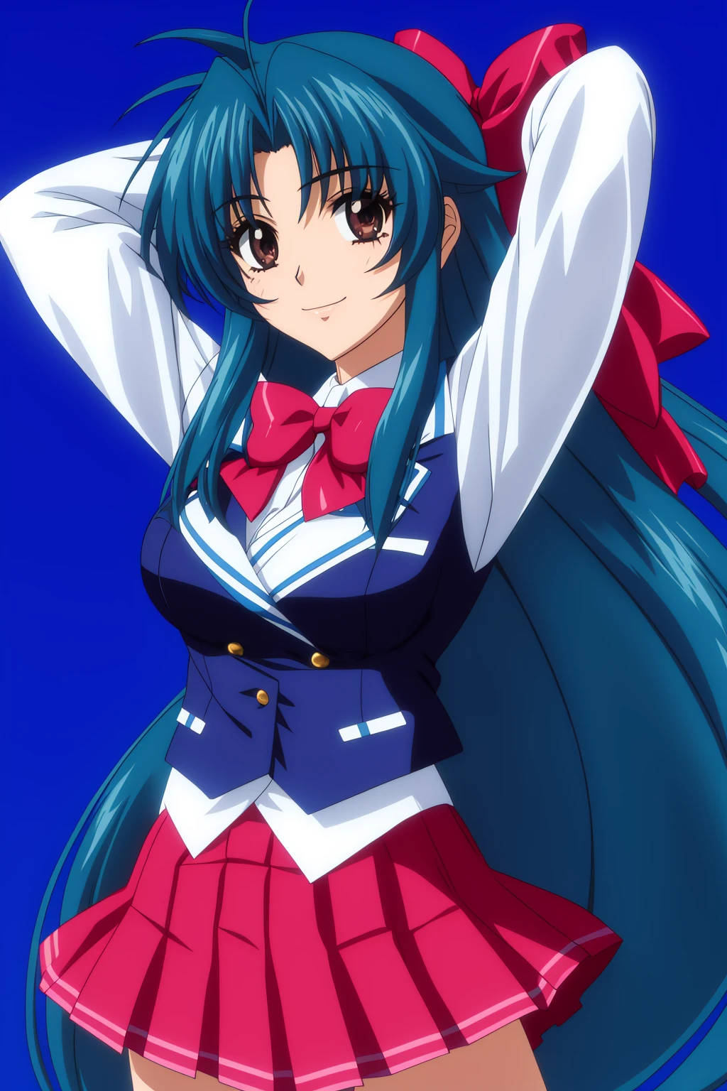 chidori, 1girl, solo, long_hair, breasts, looking_at_viewer, smile, bangs, skirt, shirt, long_sleeves, bow, ribbon, brown_eyes, medium_breasts, very_long_hair, school_uniform, blue_hair, standing, jacket, hair_ribbon, hair_bow, cowboy_shot, pleated_skirt, miniskirt, bowtie, red_bow, arms_up, blue_skirt, parted_bangs, eyelashes, blue_background, blazer, arms_behind_head, low-tied_long_hair