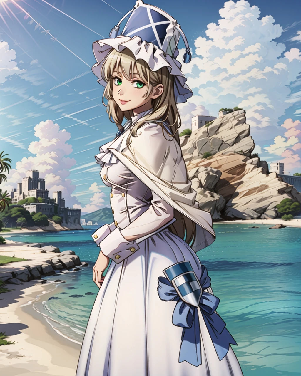 masterpiece, best quality, high quality, 2k, 4k, pmmmorikomagi, 1girl, standing, cowboy shot, looking at viewer, ((side view), standing half-turned), beach, shore, evening, sunshine, light smile, green eyes, white skirt, blonde hair, white dress with puffy skirt, long sleeves, decorative shield on skirt, high white hat with two tassels, ((shawl on shoulders)), colorful, <lora:pmmmorikomagi-000016:0.8>