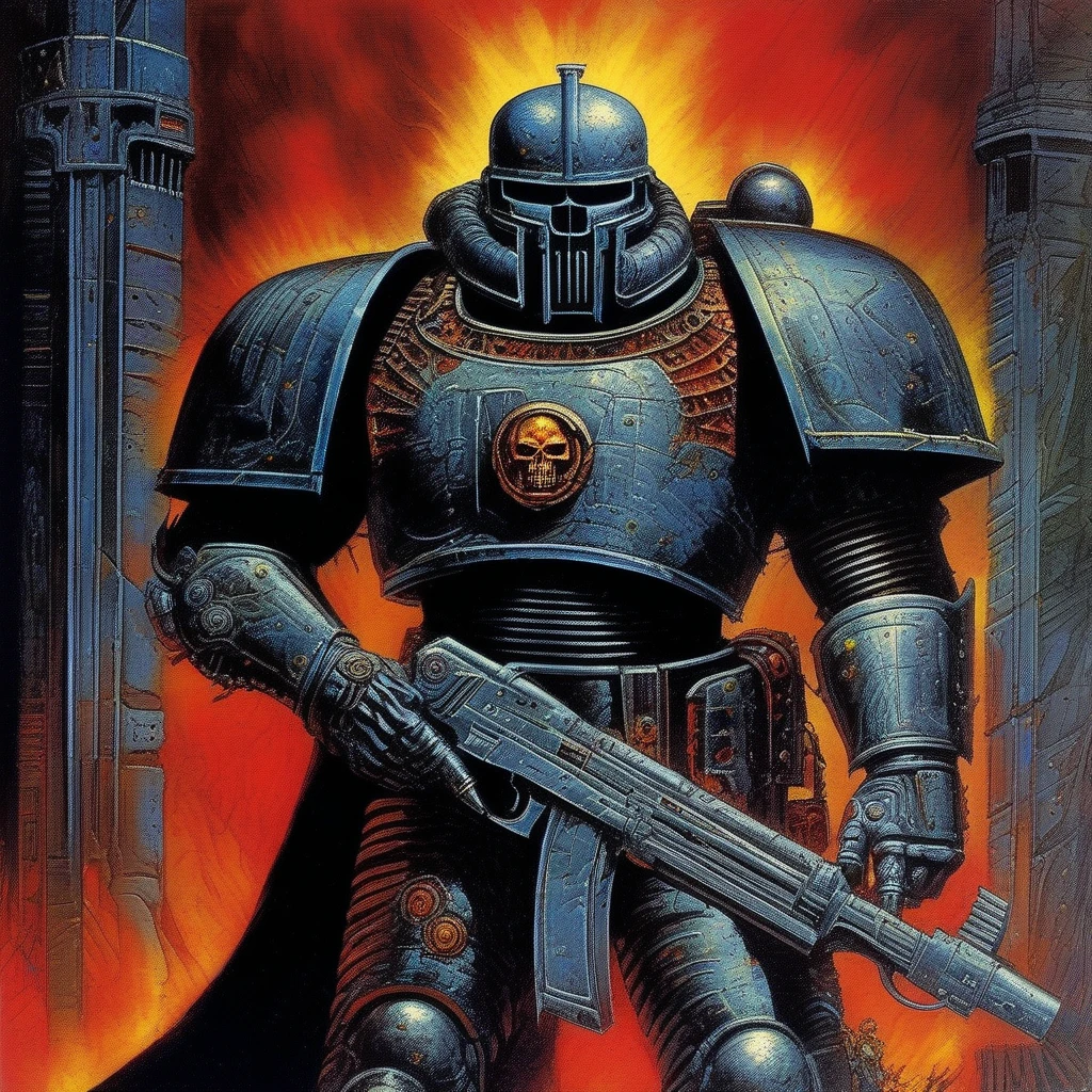 (Imaginary Drawing:1.3) of (Simple illustration:1.3),(Frightening:1.3) solo, upper body, looking up, detailed background, detailed face, warhammer 40k space marine, (Rough and weathered texture, telling tales of countless battles fought), (Bulky, ancient armor with battle scars etched in rust and faded paint), face, adeptus astartes, wearing dark purple power-armor, large shoulder-plates, bolter weapon, tactical belt, movement, commander, traitorous heresy, dark colors, trophies, spikes, energy beams in background, grim-dark atmosphere,(by Artist Moebius:1.5),(by Artist Simon Bisley:1.5),(by Artist Geof Darrow:1.5),(Action Painting:1.3)