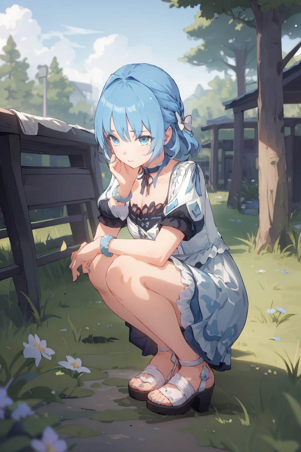 masterpiece, best quality, 1girl, 1animal, full body, <lora:Genshin_NPC_MaryAnn_v2-000095:0.8:lbw=MIDD>, shiny blue hair, shiny blue eyes, blue nails, blue toenail polish, bow, ribbon, jewelry, collarbone, choker, medium hair, puffy white sleeves, short sleeves, high-heels, white dress, french braid, bracelet, hair intakes, sandals, white footwear, (parted skirt, blue skirt:1.5), beautiful forest garden, grass, dirt path, antique house, outdoors, daytime, crouching, petting a boar