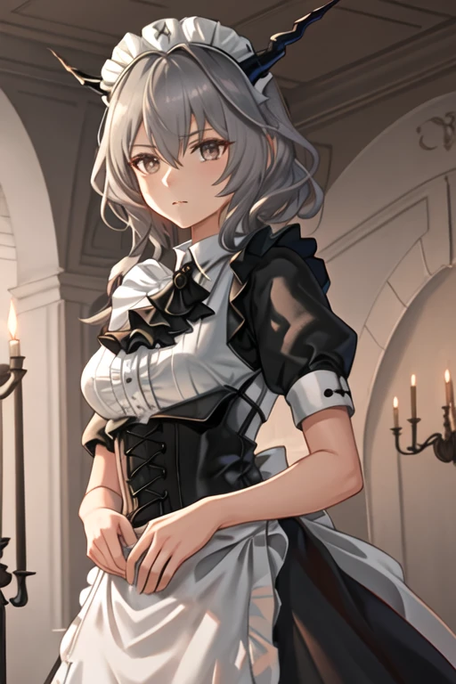 best quality, masterpiece, highres, solo, {maid:1.40}, {long maid dress:1.15}, {talulah_arknights:1.15}, horns, dragon_horns, grey_hair, hair_intakes, bangs, upper_body, ascot, black_ascot, hair_between_eyes, breasts, short_hair, grey_eyes