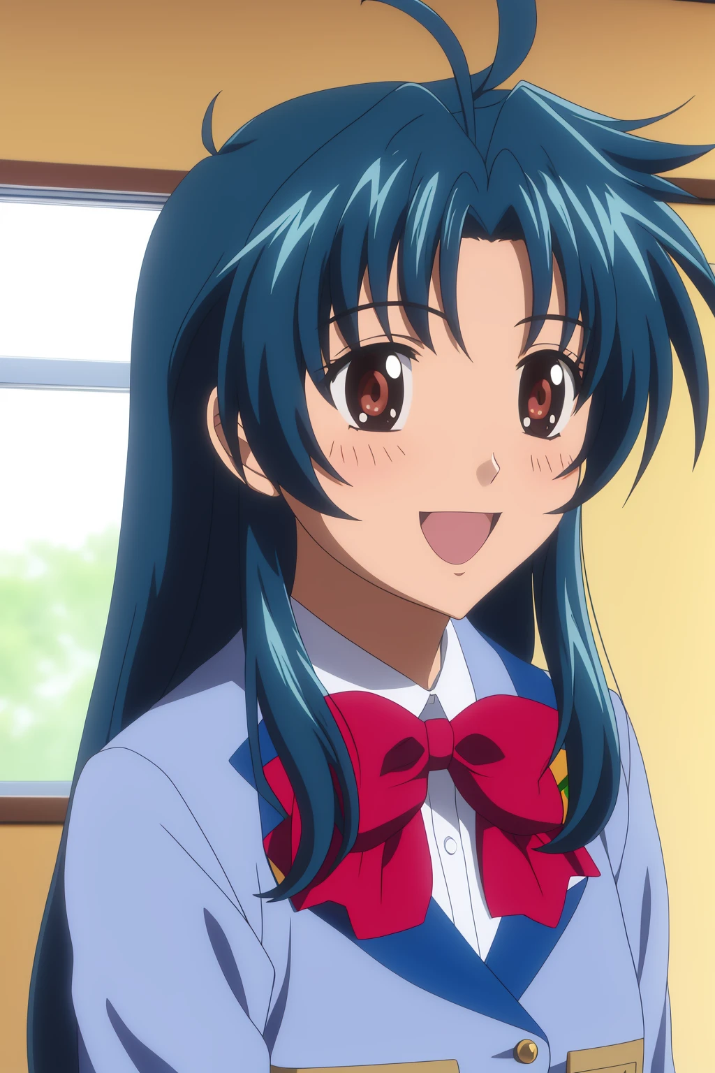 chidori, 1girl, solo, long_hair, looking_at_viewer, blush, smile, open_mouth, shirt, bow, brown_eyes, school_uniform, blue_hair, upper_body, ahoge, :d, indoors, bowtie, red_bow, anime_coloring