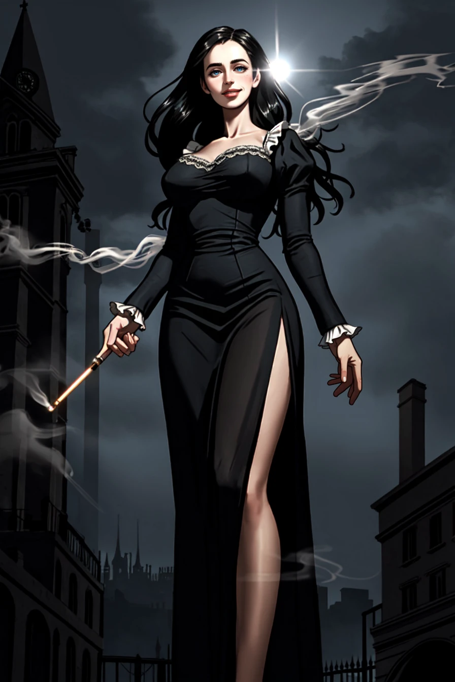 1girl, eva green, long hair, black hair, shiny hair, night, darkness, street, <lora:LowRA:0.65>, silk, dress, impossible dress, standing, (low angle:1.1), (from below:1.2), tall female, long legs, femme fatale, (holding cigarette:0.8), glowing eyes, large breasts, huge breasts, narrow waist, wide hips, seductive smile, smoke trail, lace-trimmed dress, (backlighting:1.2), see-through, (victorian:1.2), london, cigarette holder, realistic, (photorealistic:1.1), (lineart:0.8), black_outline