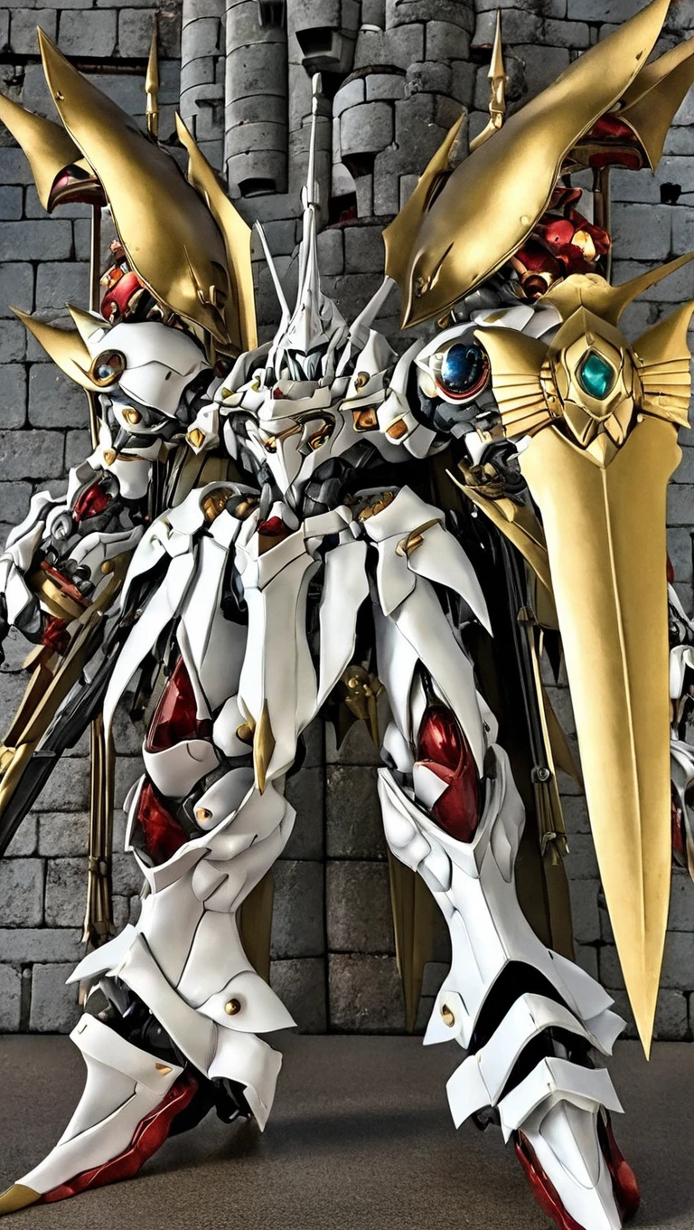 (FRS:1.2),best quality, masterpiece, ultra-detailed, mecha robot, (castle:2.5), (ultra-detailed mecha armor), full armor, (very large size mecha:1.5),glowing eyes, (full body:1.2), (mechanical parts:1), (robot joints:1), (military parts:1.1), (heroic parts:1.5), cable, (battle-ready:1.2),(powerful stance:1.3),(Detailed eye description:1.2),(huge mechanical weapon:1.2), (detailed weapon description:1.2), (holding weapon and weapon :1.5)<lora:srdxl_v2g:0.8>