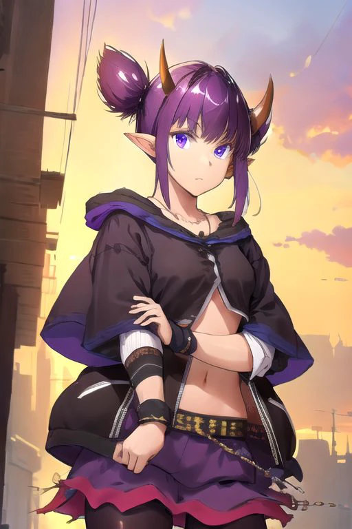 solo_focus, 1girl, (((masterpiece))), ((best quality)), ((ultra-detailed)), high resolution, absurdres, highres, ultra-detailed 8k unity wallpaper, 
lava_(arknights), twintails, tied_hair, black_jacket, short_sleeves, arm_warmers, torn_purple_skirt, purple_pantyhose,