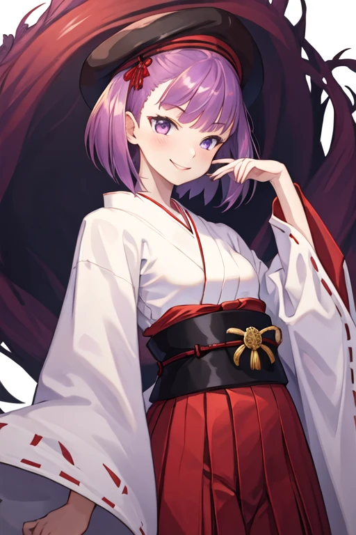 best quality, masterpiece, highres, solo, {white kimono:1.35}, {red hakama:1.35}, {wide sleeves:1.20}, {helena_blavatsky_fgo:1.15}, purple_hair, short_hair, purple_eyes, blush, smile, bangs, hat, breasts, small_breasts