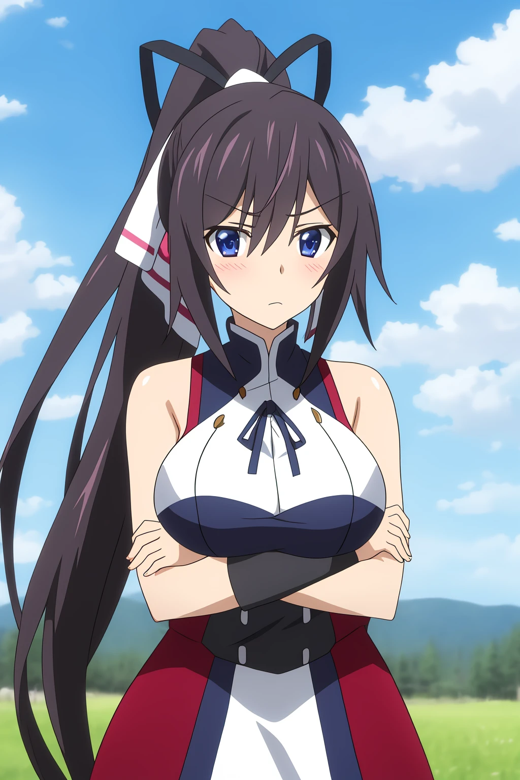 from side, megami magazine, anime poster style, (shueisha style, anime cels style, best quality, high resolution), Kotegawa Yui, long hair, black hair, (beautiful detailed eyes:1.8, beautiful face:1.5), 1girl, cute, (sagging large breasts), cleavage, (maid bikini:1.5, waist apron), cowboy shot, maid gloves, elbow gloves, sitting, outdoors, farm