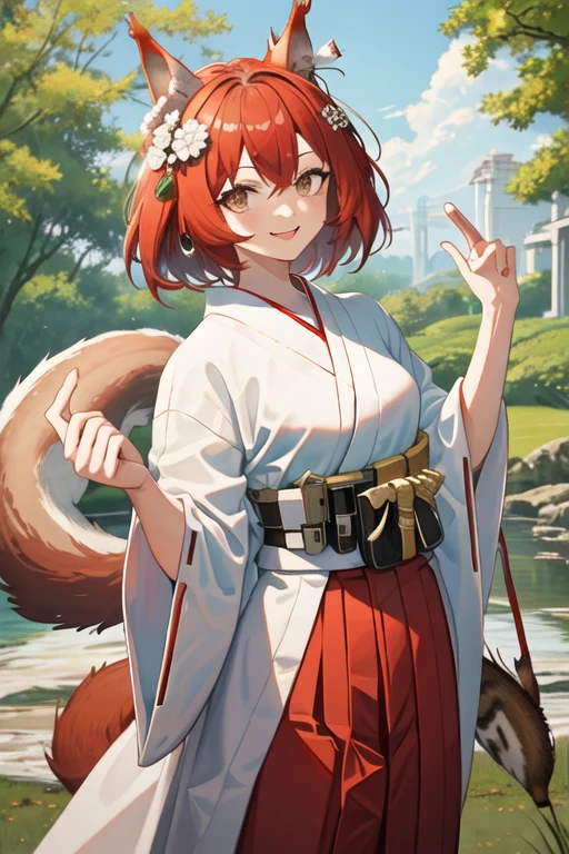 best quality, masterpiece, highres, solo, {white kimono:1.35}, {red hakama:1.35}, {wide sleeves:1.20}, {flametail_arknights:1.15}, animal_ears, red_hair, squirrel_ears, long_hair, smile, bangs, squirrel_girl, brown_eyes, upper_body, tail, squirrel_tail