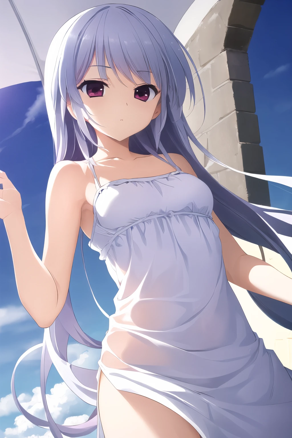 masterpiece, best quality, ultra-detailed, kazami kazuki, silver hair, long hair, purple eyes, white dress, sundress,