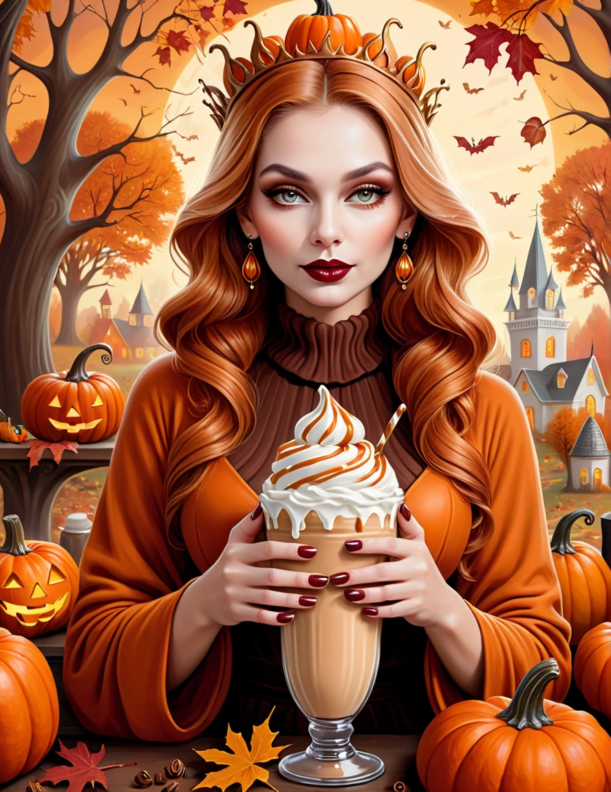 digital art, The Queen of Milkshakes, 8k, beautiful, highly detailed, whimsical, fantasy, perfect hands, manicured nails, pumpkin spice milkshake, autumn tones,